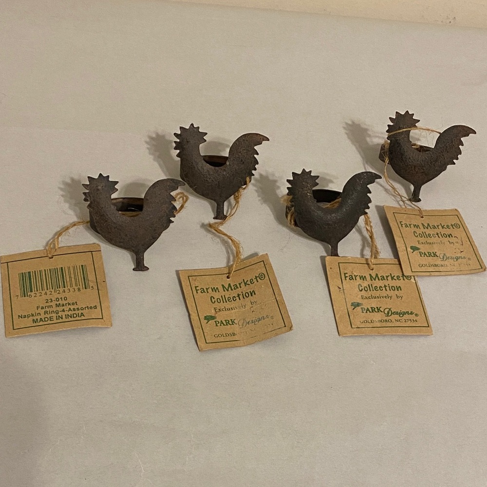 Brown Metal Chicken Rooster Napkin Rings Set of 4 Country Cottage Farmhouse